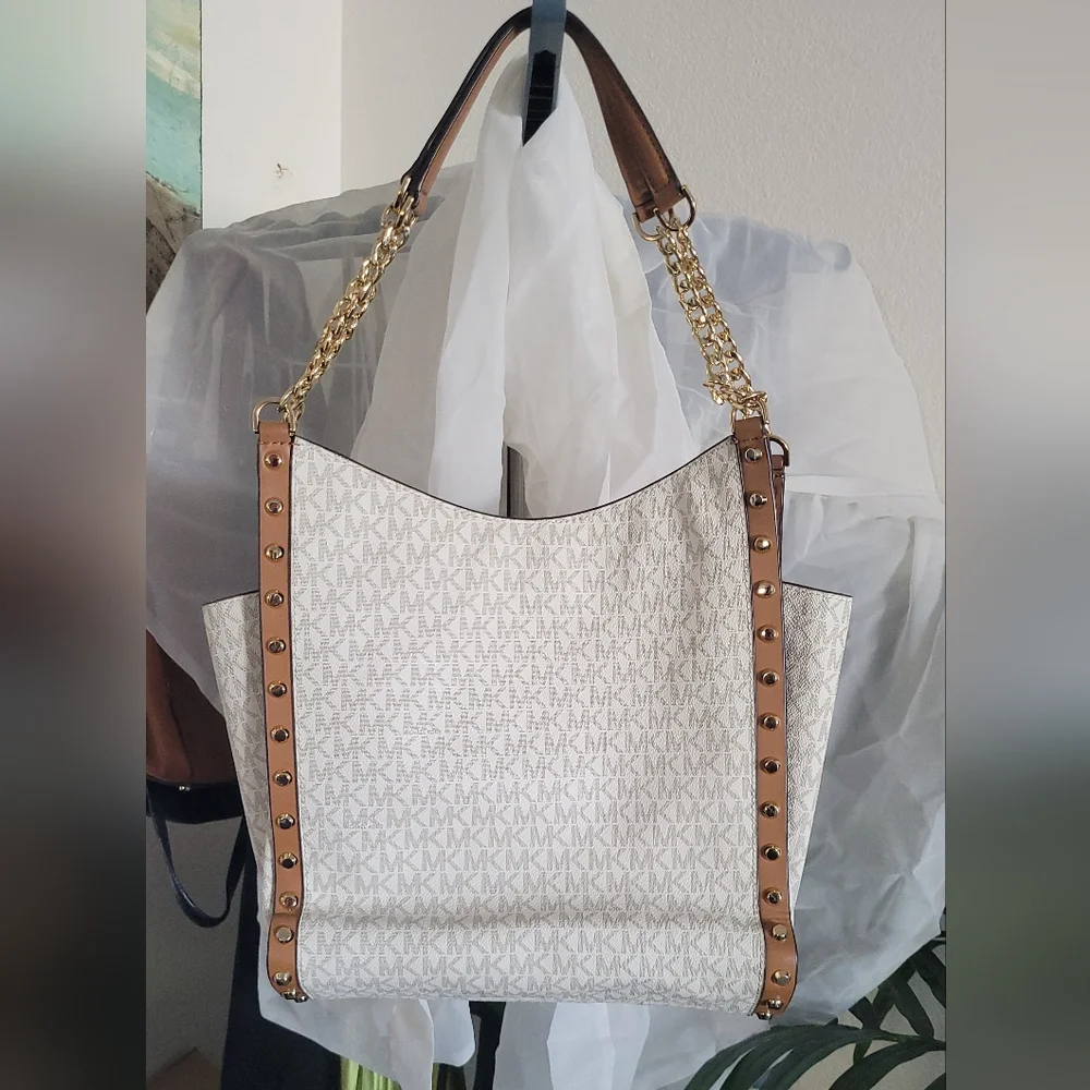MICHAEL KORS Newbury Chain Leather Shoulder Tote Handbag‎